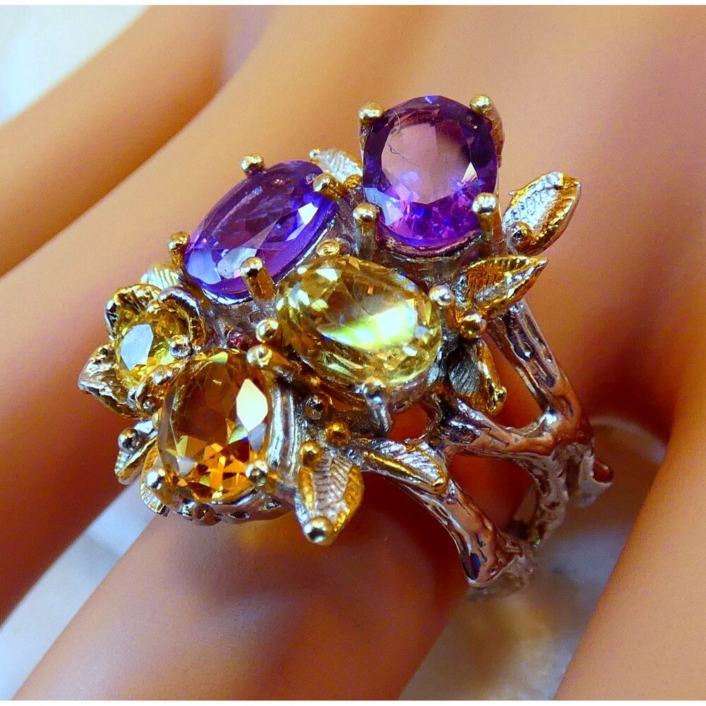Citrine Amethyst Sterling Silver Cocktail Ring Botanical Vines Size 7.5